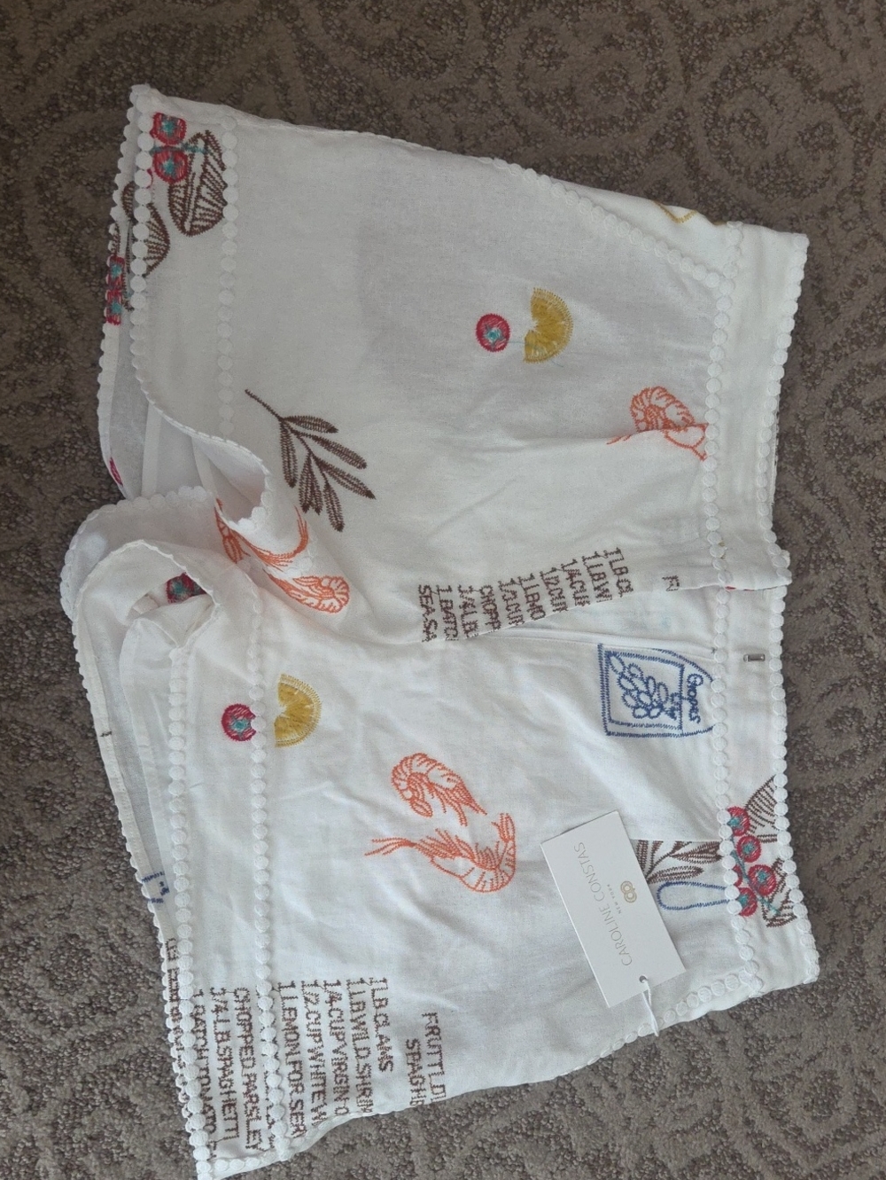 Caroline Constas White Embroidered Shrimp & Fruit Shorts